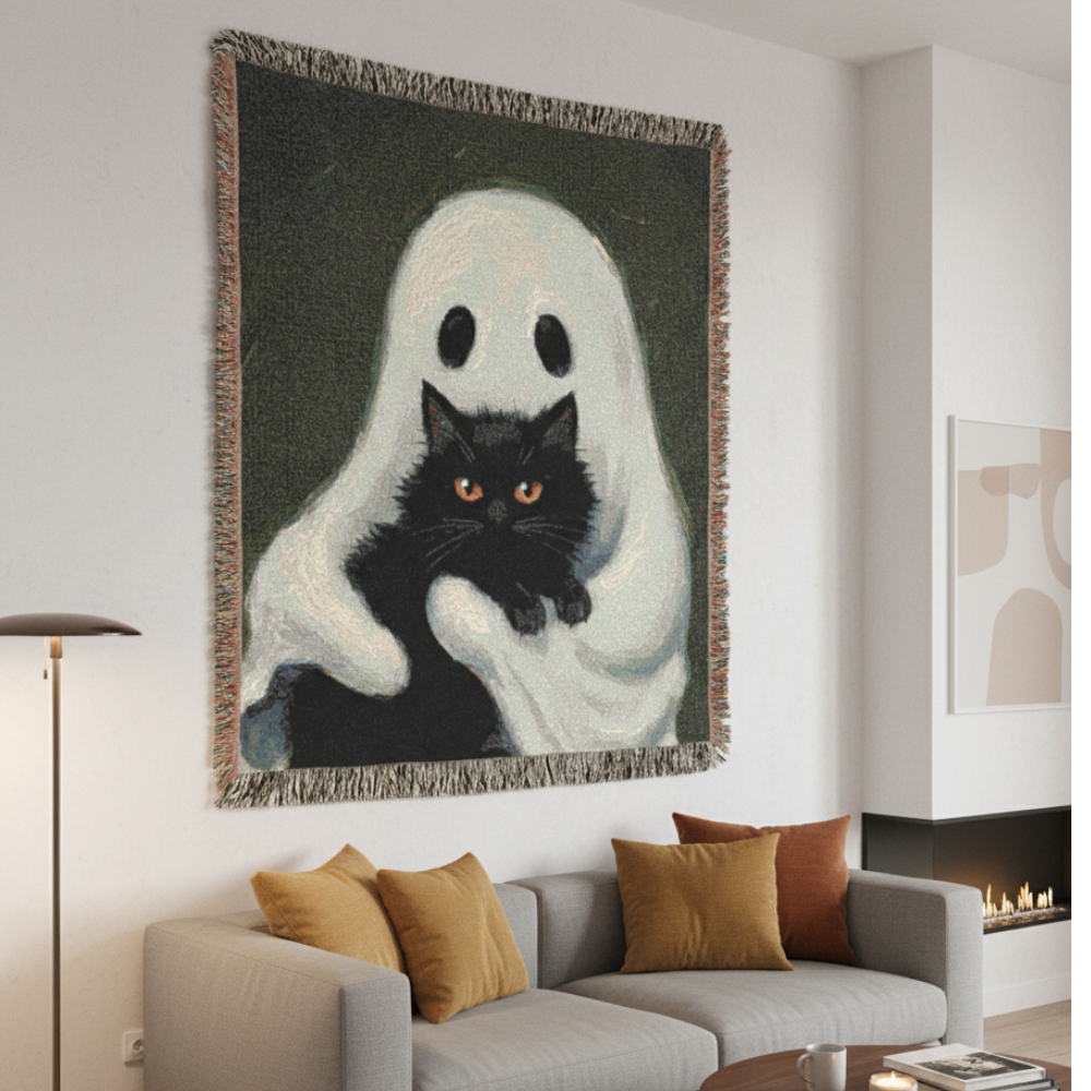 The Ghost and the Feline Friend Woven Throw