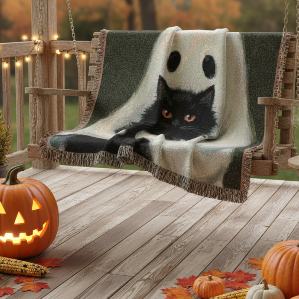 The Ghost and the Feline Friend Woven Throw