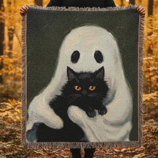 The Ghost and the Feline Friend Woven Throw
