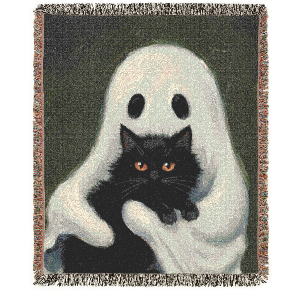 The Ghost and the Feline Friend Woven Throw