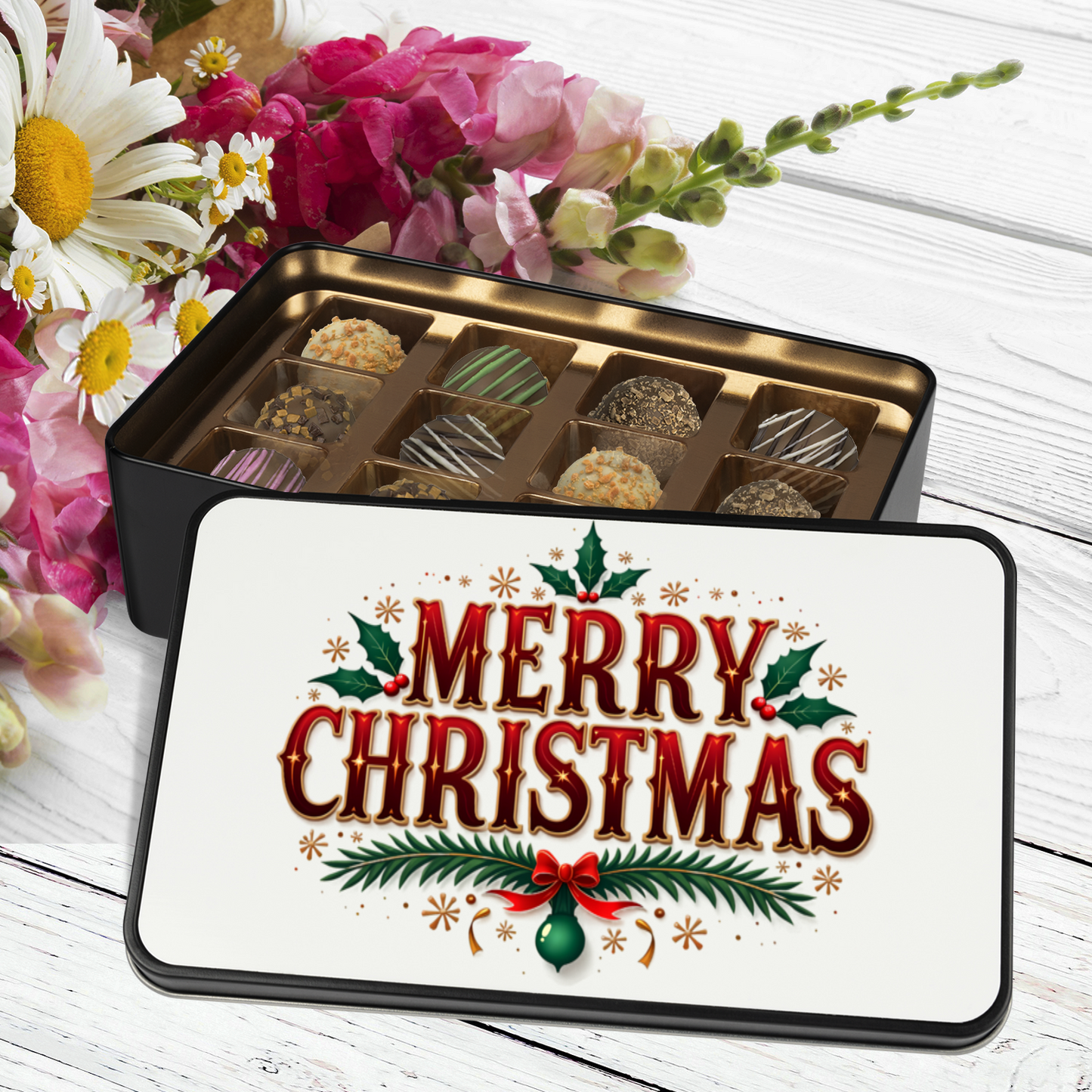 Merry Christmas Keepsake Tin of 12 Handmade Artisan Chocolates