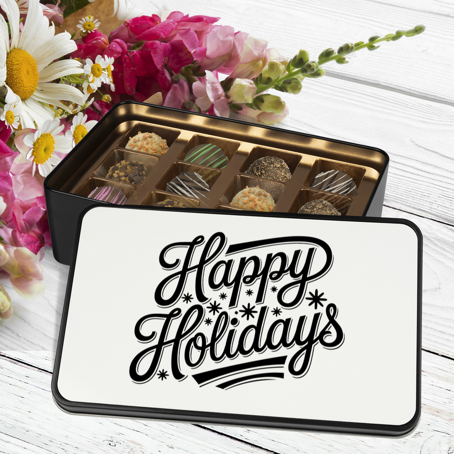 Happy Holidays Keepsake Tin of 12 Handmade Artisan Chocolates