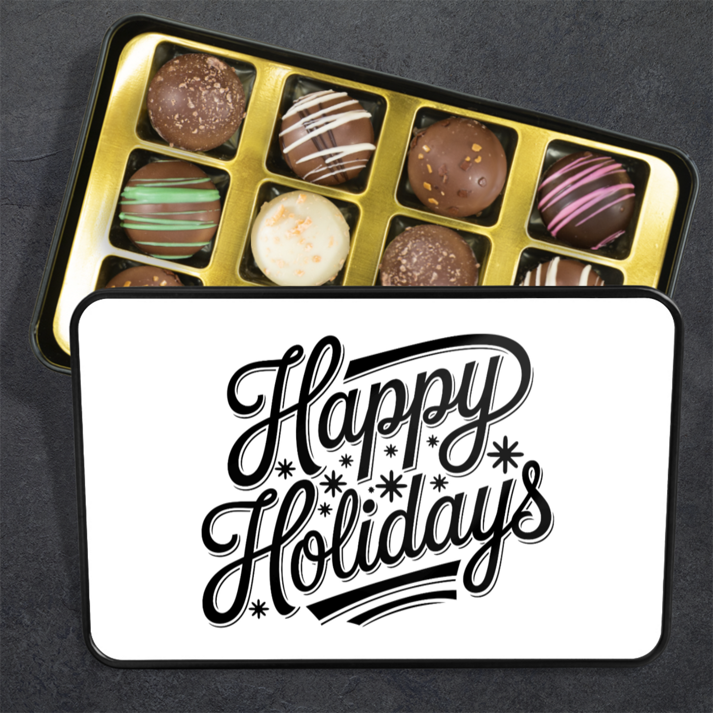 Happy Holidays Keepsake Tin of 12 Handmade Artisan Chocolates