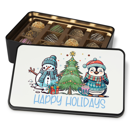 Cute Happy Holidays Keepsake Tin of 12 Handmade Artisan Chocolates