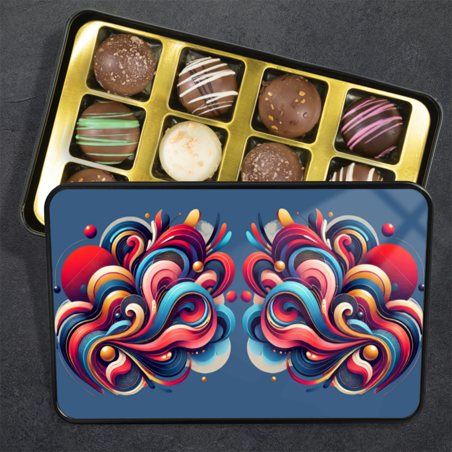 Graphic Keepsake Tin of 12 Handmade Artisan Chocolates